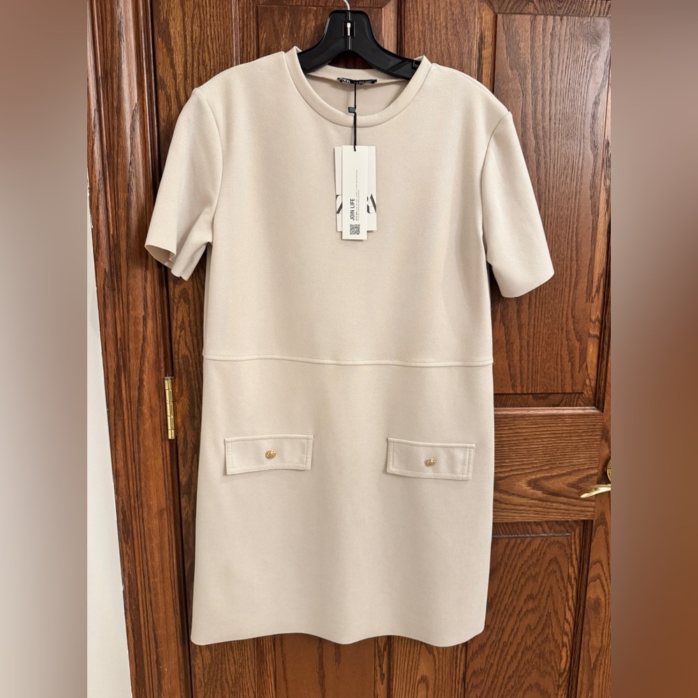 NWT Zara Cream Sheath Mini Dress Crew Neck Short Sleeve